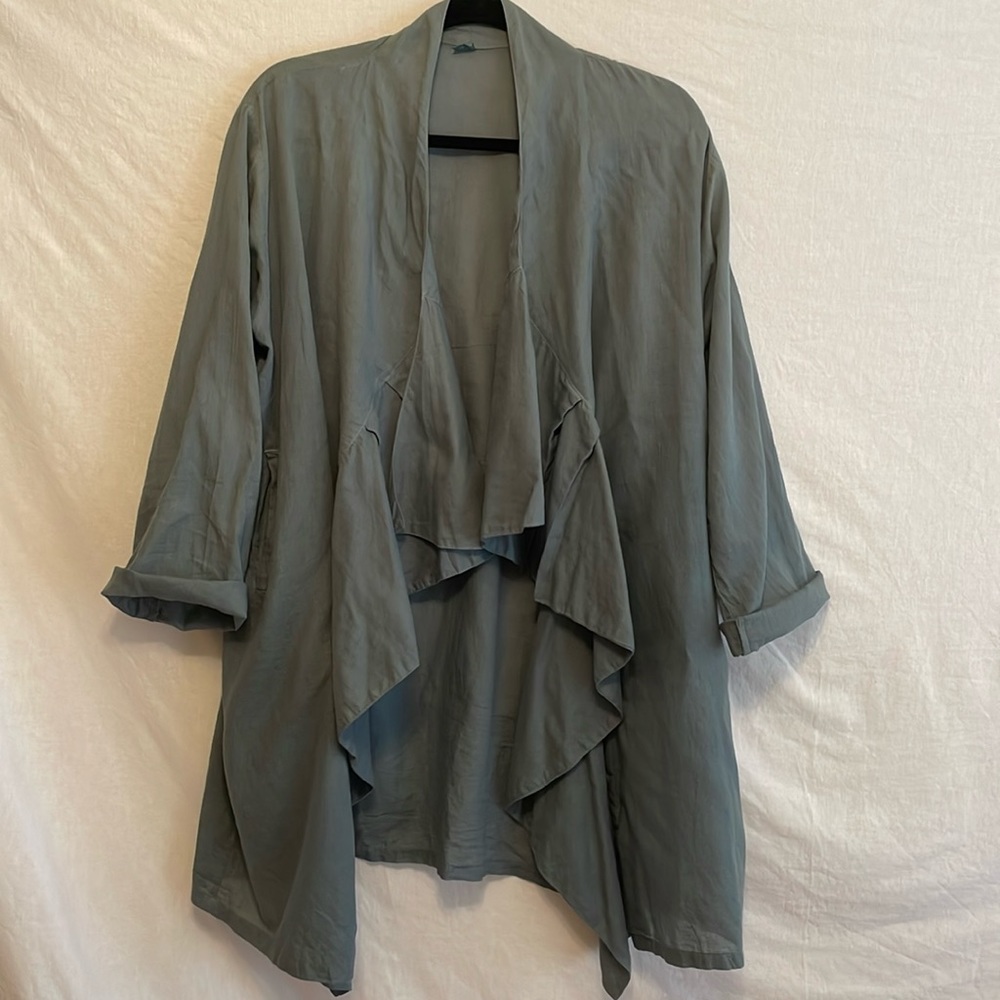 Oversized Olive Open Front Waterfall Lagenlook Cotton Cardigan with Pockets